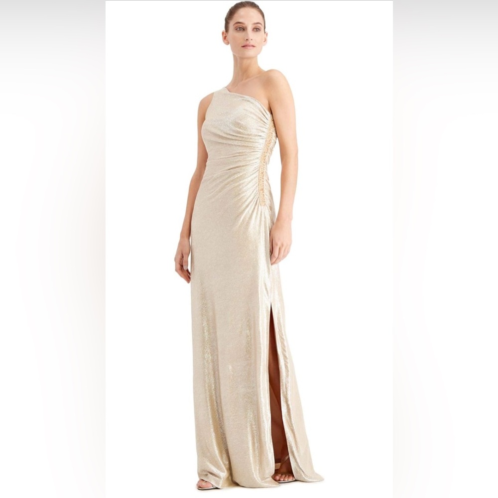 Calvin Klein One-Shoulder Gown with Side Ruching and Beaded Details. Size 8